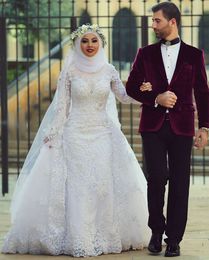 Arab Saudi Arabia Long Sleeves Modest Muslim Wedding Dresses Lace Beads Over Skirt Mermaid Bridal Gowns With Sleeves Detachable Train Dubai