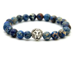 Wholesale 8mm Blue Sea Sediment Stone Beads Antique Silver Lion Head Bracelet, 2015 New Design High Grade Mens Jewellery