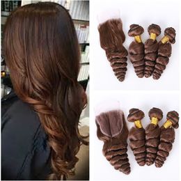 Chestnut Brown Virgin Hair Bundles With Lace Closure Color 4 Medium Brown Loose Wave Human Hair Wefts With Middle Free Part Top Closure