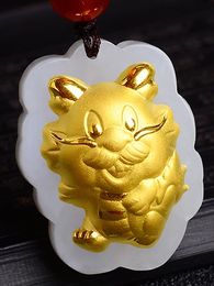 Gold inlaid jade Chinese zodiac cartoon dragon talisman necklace and pendant