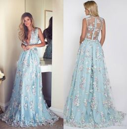 Sexy 3D Floral Appliqued Prom Dresses Long Deep V Neck Party Dress Floor Length Illusion Back Tulle Formal Evening Gowns