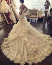 New Arrival Luxury Mermaid Lace Ruffles Wedding Dresses Spaghettis Backless Tulle Bride Wears Wedding Gowns Appliques Bridal Dress