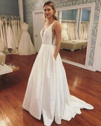 2019 Garden Classic Charming Wedding Dresses A Line V Neck Sleeveless Sweep Train Sequins Applique Art Deco-inspired Neck Bridal Gowns