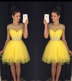 2016 Cheap Homecoming Dresses Jewel Neck Yellow Tulle Crystal Beaded A Line Short Party Prom Graduation Hollow Back Formal Cocktail Gowns