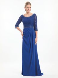 Stunning Royal Blue Mother of The Bride Dresses lace top with beaded neckline 3/4 sleeves pleated skirt with elegant evening formal dresses