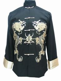 -Herbst-Vintage-schwarze chinesische traditionelle Männerjacke Seiden-Satin-Mantel handgefertigte Stickerei Drache Outwear S M L XL XXL XXXL M-1011