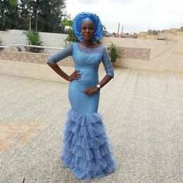 Aso Ebi African Evening Dresses Jewel Sheer Neck Half Sleeves Prom Gowns Plus Size Mermaid Style Layers Custom Made Formal Occasion Dress