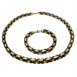 Exaggerated Real Stainless Steel High Polished IP Gold & Black Plated Necklace & Bracelet 2pcs Jewelry Set Men Punk Bangle