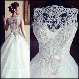 Free Shipping Gorgeous Designer Bateau Neck Wedding Gown Covered In Crystal Pearls See-Through Princess Wedding Dress Bridal Gown