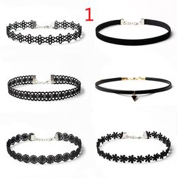 6pc/set New Gothic Retro Vintage Lace Flower Triangle Tattoo Chocker Women Handmade Multilayer Black Velvet Neck Choker Necklace Set