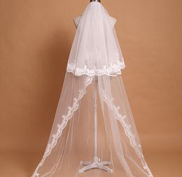 New Lace Applique Pearls Edge Two Layers With Comb Lvory White Wedding Veil Cathedral Bridal Veils 3M Length