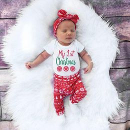 Nyfödda 4st set spädbarn baby söt brev jul hjortduk långärmad romer + snöflinga byxor + huvudband + hatt outfit