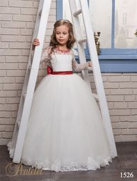 Cute Flower Girls Dresses with Red Sequins Big Bow and Beaded Crew Neck Appliques Tulle Princess Long Sleeves Kids Wedding Gowns Custom Made