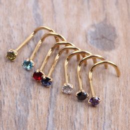 silver nose pins UK - Crysta Gold Silver Zircon Nose Ring Screw Nose Stud Clear Pink Red Purple CURVED STEEL PIN RING PIERCING 20G 0.8mm