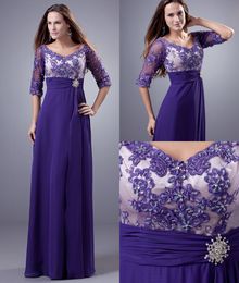 Purple Long Chiffon Real Modest Bridesmaid Dresses With Half Sleeves v Neck Sheer Beaded Appliques Floor Length Maids of Honour Dresses Cheap