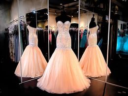 Hot Sexy Evening Dresses Wear Sweetheart Crystal Beads Mermaid Peach Tulle Long Corset Back Formal Vestidos Cheap Prom Party Gowns 0424