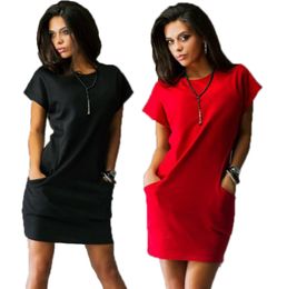 Wholesale-2016 Fashion Summer women dresses sexy o-neck Black and red dress Casual Batwing Short sleeve pockets mini Shirt Dress