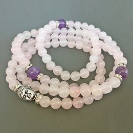 SN1149 Fashion 108 Mala Necklace Roze Quartz Necklace Yoga Gift Amethyst Bracelet 4 Wrap Bracelet Wholesale