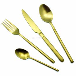 JANKNG 4Pcs/lot 24K Gold Cutlery Satin Finish Stainless Steel Flatware Tableware Dinner Spoon Plated Matter Dinnerware Flatware Set