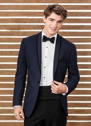 Classy Dark Navy Tuxedos Slim Fit Mens Wedding Suits One Button Groom Wear Two Pieces Cheap Custom Made Formal Suit(Jacket+Pants+Bow Tie)