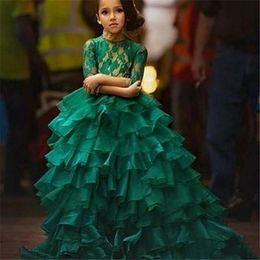 Dark Green Lace Applique Tiered Flower Girl Dresses 2017 3 4 Long Sleeve Organza Ruffles Ball Gown Girls Pageant Gowns Kids Formal Wear