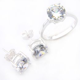 Wedding Jewelry Sets 2 Pcs Lot Round Topaz 925 Silver Stud Earrings Rings White Cz Zircon For Women Anniversary Gift Sets Free shipping
