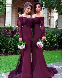 Purple Sexy Bridesmaid Dress Long Sleeve Mermaid Prom Dress Lace Beaded Off Shoulder Long Formal Evening Gowns Maid of Honor Dresses Plus