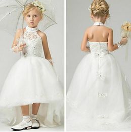 Custom Made Pretty Halter Lace and Tulle Sleeveless High Neck with Beading Ball Gown Hi lo Flower Girl Dress Backless Pageant Dresses
