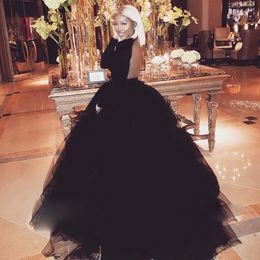 Attractive Open Backless Prom Dress Jewel Neck Long Sleeves Fluffy Floor Length Ball Gown Evening Dress Sexy Black Puffy Tulle Evening Gowns