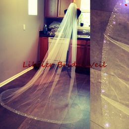 New Sell Luxury Swarovski Wedding veil Bridal Veils White Ivory Crystal Bead Cut Edge With Comb 108 Inches 2.5Yard Chapel Length 1T B127AA