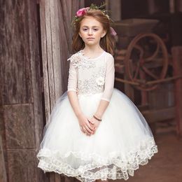 Cheap Ivory Lace Appliqued Ball Gown Flower Girl Dresses For Weddings Little Girls Pageant Dress With Half Sleeves Tulle Communion Gowns