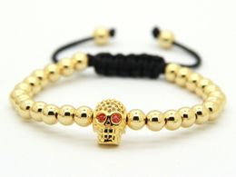 High Grade Jewelry Wholesale 6mm Real gold and White Gold-Plated Beads with Micro Zircon Inserts Skull Macrame Bracelets