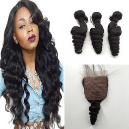 Top Silk Closure With Bundles Brazilian Virgin Hair Loose Wave Hair Weave Bundles With closure Brazilian virgin hair with 3 Types closure