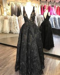 3D Floral Appliques Evening Gowns Lace Sexy V Neck Prom Dress Bead Plus Size Little Black Formal Dresses