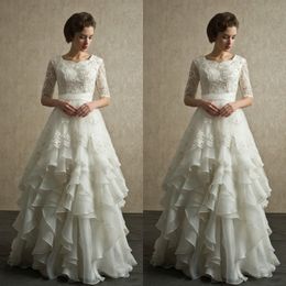 Gorgeous Wedding Dresses Cheap A Line Crew Neck Short Half Sleeves Beaded Lace Appliques Bridal Gowns Ruffled Floor Length Skirt