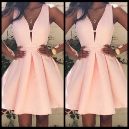 Pink Plain Pleated Zipper V Neck Sleeveless Sexy Homecoming Cute Mini Dress Simple Cheap Dresses Evening Wear