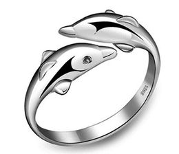 2017 hot sales plating S925 Sterling Silver happiness Love Two dolphin Opening ring charms fashion Beautiful Cute lovely ring 10pcs/lot