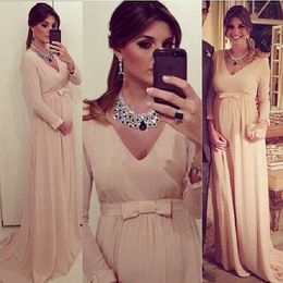 Pink Chiffon A Line Prom Dresses With Long Sleeves New Elegant V Neck Maternity Pregnant Clothing Sash Bow Special Occasion Gowns