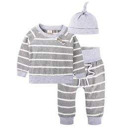 Ins Autumn Infant Baby Stripe Clothes Set Kids Boys Cotton Tops T-shirt + Pants +Hat 2cps Clothing Suit Children Outfits 13482