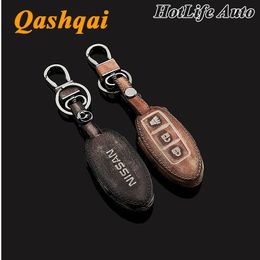 Leather Car Keychain for 2015 Nissan Murano Qashqai Juke Tiida Graffiti Smart Car Key Case Cover Chain Ring Bag Auto Accessories