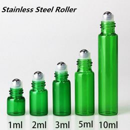 New Glass Bottles 1ml 2ml 3ml 5ml 10ml Green Glass Roll On Bottles with Metal Ball And Black Cap for Perfume Oil Eliquid
