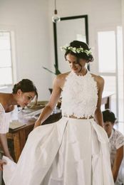 Amazing 2 Pieces Beach Wedding Gowns Lace Crop Top Taffeta Skirt Modern Bridal Dress Wedding Dresses robe de mariee Halter vestido de noiva