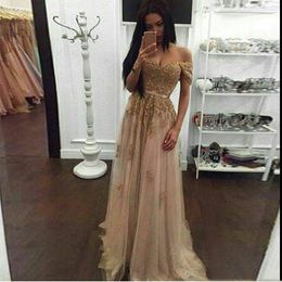 Champagne 2017 Off Shoulder Evening Dresses With Gold Sequines Applique A-Line Tiered Ruffle Prom Gowns Back Zipper Custom Made Formal Dress