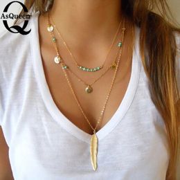 Wholesale-2016 New Boho Simple Chain Gold/Silver Plated Tassels Turquoise Feather Pendant Multi Layer Necklace Fine Jewellery For Women