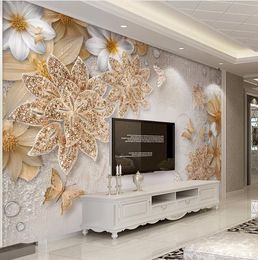 Custom Mural Wallpaper For Bedroom Walls 3D Luxury Gold Jewelry Flower Butterfly Background Wall Papers Home Decor Living Room