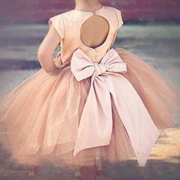 Coral Ball Gown Flower Girl Dresses With Big Bow On Back Cap Sleeve Tulle Tutu Skirt Girls Pageant Gowns Baby Wedding Formal Wear