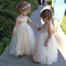 Bling Bling Flower Girls Dresses for Weddings Gold Sequins Girls Pageant Gowns Sequined Straps Kids Formal Party Gowns Ivory Tulle Custom