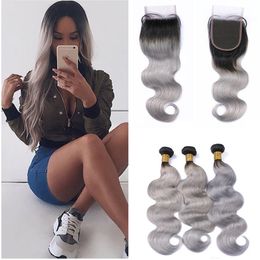 Silver Grey Ombre Human Hair Weaves With Lace Closure Two Tone 1B Grey Ombre 4x4 Lace Closure With 3Bundles Body Wave Hair