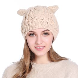 Cute Cat Ear Winter Beanies for Women Casual Warm Soft Wool Blends Skull Knitted Caps Gorro Ladies Sweet Berets Ski Hat GH-138