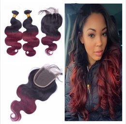 Malaysian Wine Red Body Wave Ombre Hair With Closure 4Pcs Lot Free Part #1B/99J Burgundy Ombre Lace Closure With Human Hair Bundles